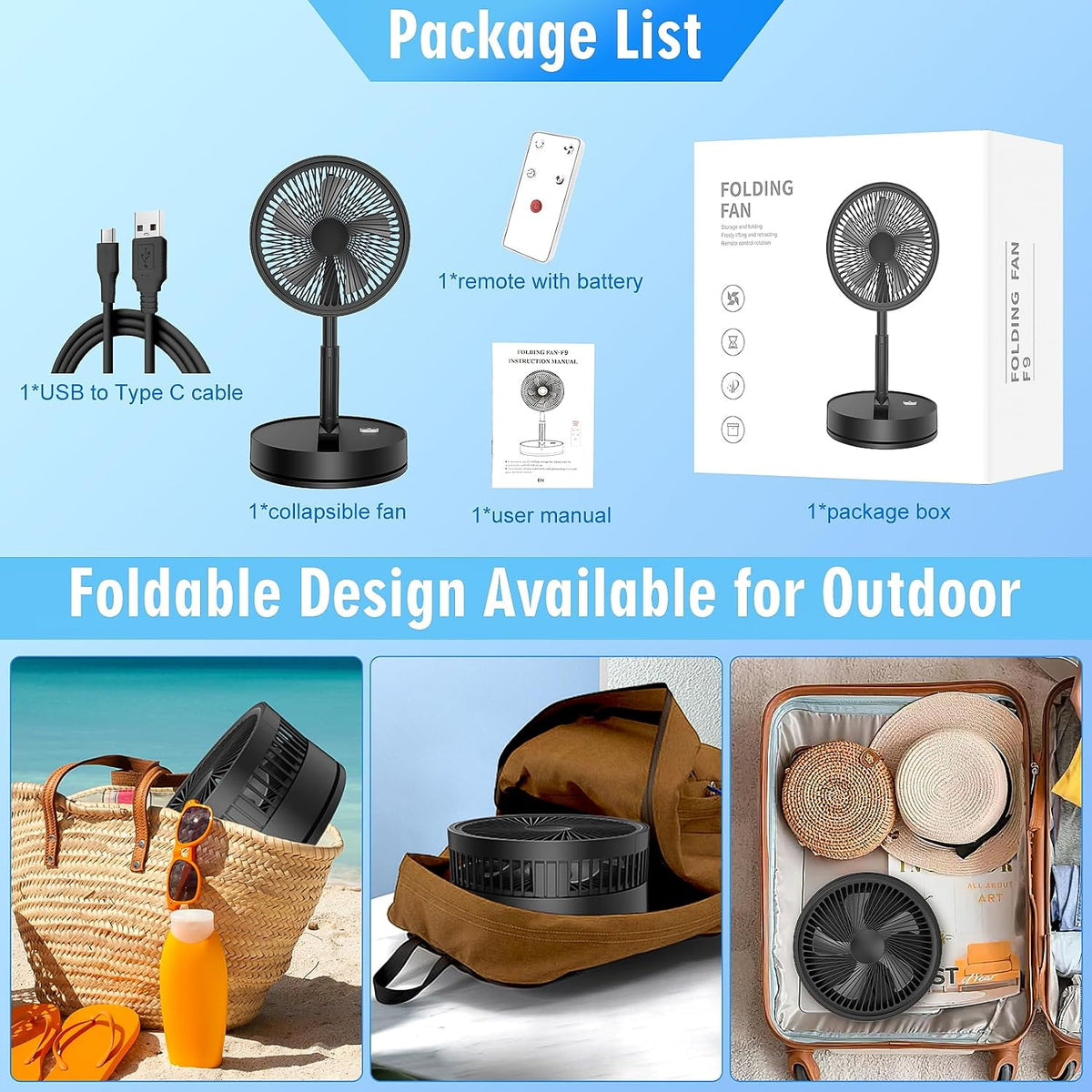 Portable Foldable Rechargeable Oscillating Fan - 8.6" 8000mah Remote Fan