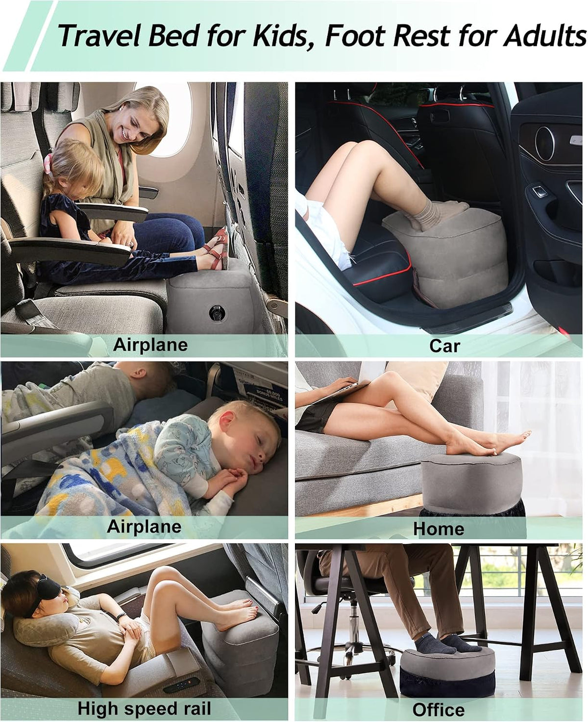 Inflatable Foot Rest Pillow, Kids Airplane Bed, Adjustable 3 Layers Height Leg Rest Pillow, Airplane Travel Essentials Great for Office, Home, Trains, Cars