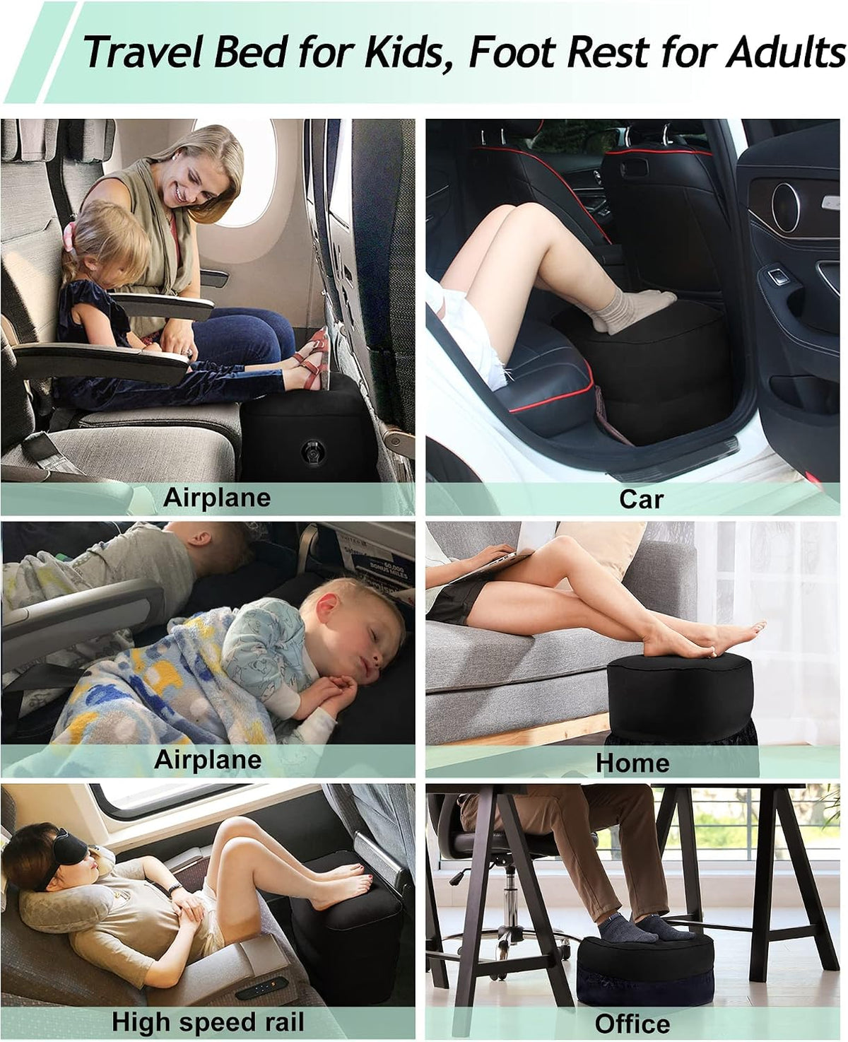 Inflatable Foot Rest Pillow, Kids Airplane Bed, Adjustable 3 Layers Height Leg Rest Pillow, Airplane Travel Essentials Great for Office, Home, Trains, Cars