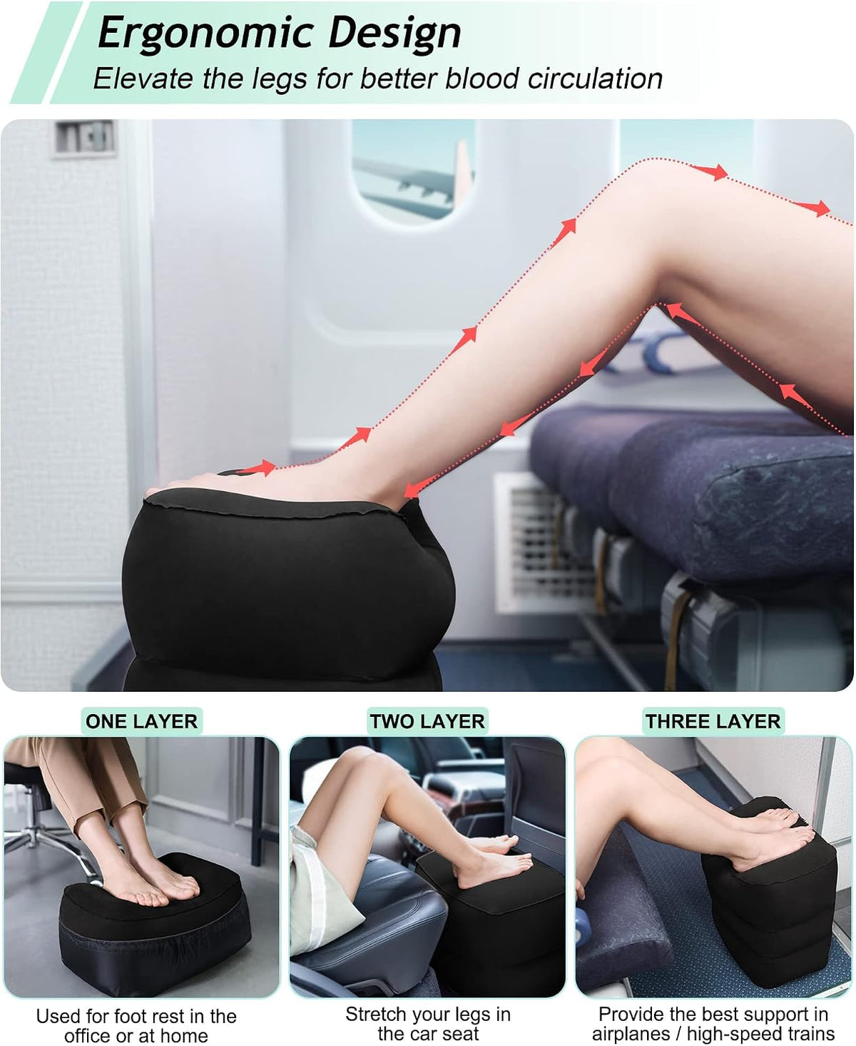Inflatable Foot Rest Pillow, Kids Airplane Bed, Adjustable 3 Layers Height Leg Rest Pillow, Airplane Travel Essentials Great for Office, Home, Trains, Cars