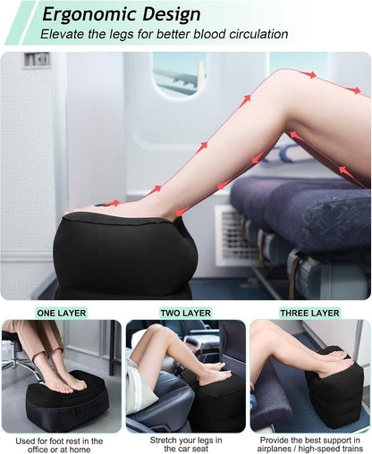 Inflatable Foot Rest Pillow, Kids Airplane Bed, Adjustable 3 Layers Height Leg Rest Pillow, Airplane Travel Essentials Great for Office, Home, Trains, Cars