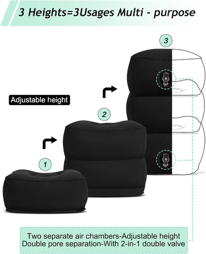 Inflatable Foot Rest Pillow, Kids Airplane Bed, Adjustable 3 Layers Height Leg Rest Pillow, Airplane Travel Essentials Great for Office, Home, Trains, Cars