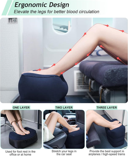 Inflatable Foot Rest Pillow, Kids Airplane Bed, Adjustable 3 Layers Height Leg Rest Pillow, Airplane Travel Essentials Great for Office, Home, Trains, Cars