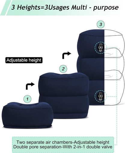 Inflatable Foot Rest Pillow, Kids Airplane Bed, Adjustable 3 Layers Height Leg Rest Pillow, Airplane Travel Essentials Great for Office, Home, Trains, Cars