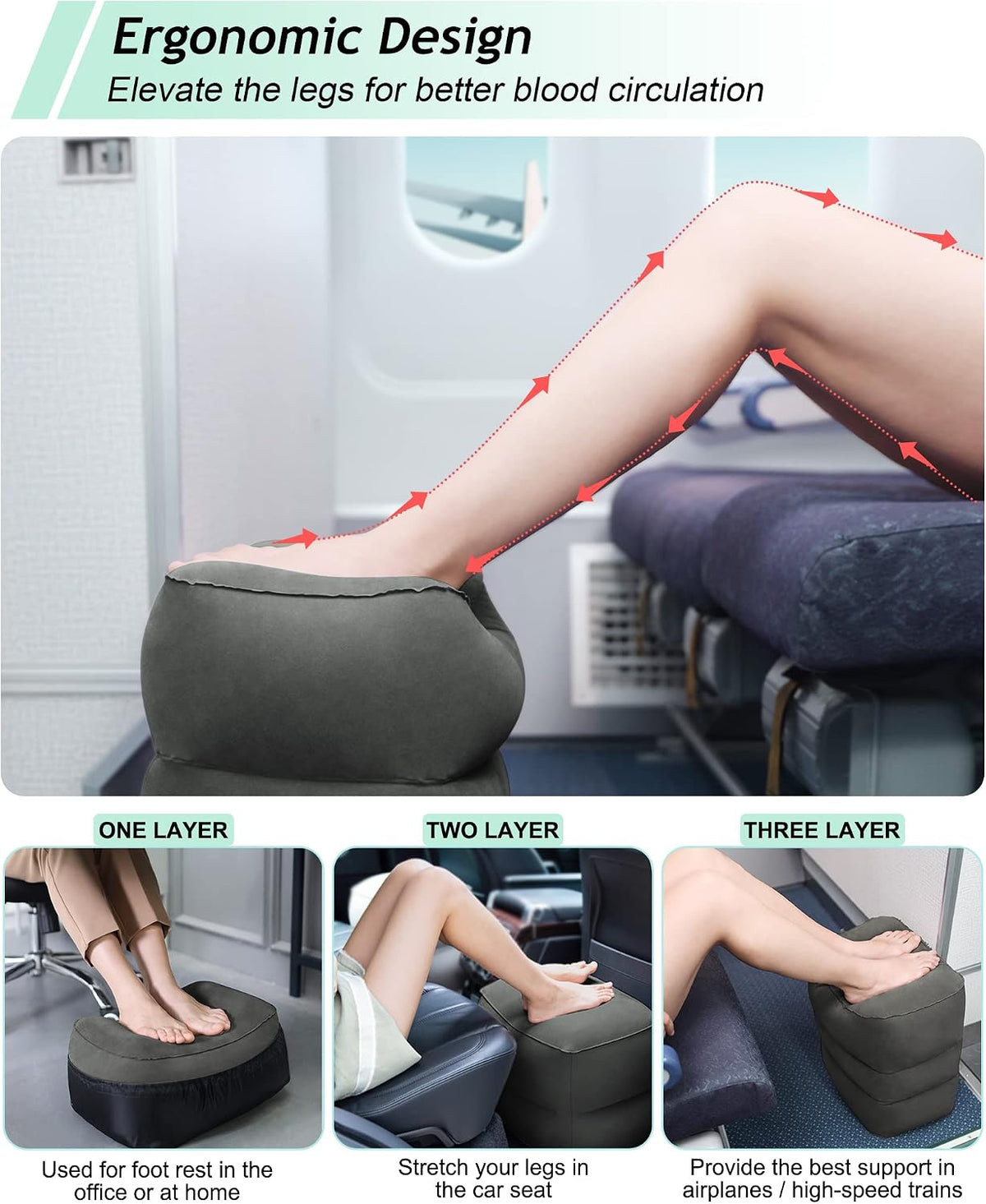 Inflatable Foot Rest Pillow, Kids Airplane Bed, Adjustable 3 Layers Height Leg Rest Pillow, Airplane Travel Essentials Great for Office, Home, Trains, Cars