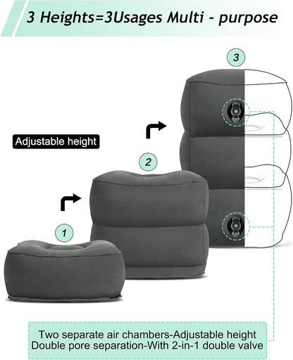Inflatable Foot Rest Pillow, Kids Airplane Bed, Adjustable 3 Layers Height Leg Rest Pillow, Airplane Travel Essentials Great for Office, Home, Trains, Cars