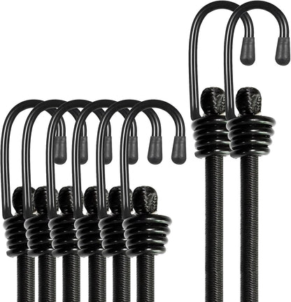 Bungee Cords with Hooks, Heavy Duty Outdoor Elastic Bungee Straps，No Odour Industrial Grade Bungee Rope for Securing Tarps, Luggage,Tents, Bikes or Garden Tidying 24in6pcs + 48in2pcs (Black)