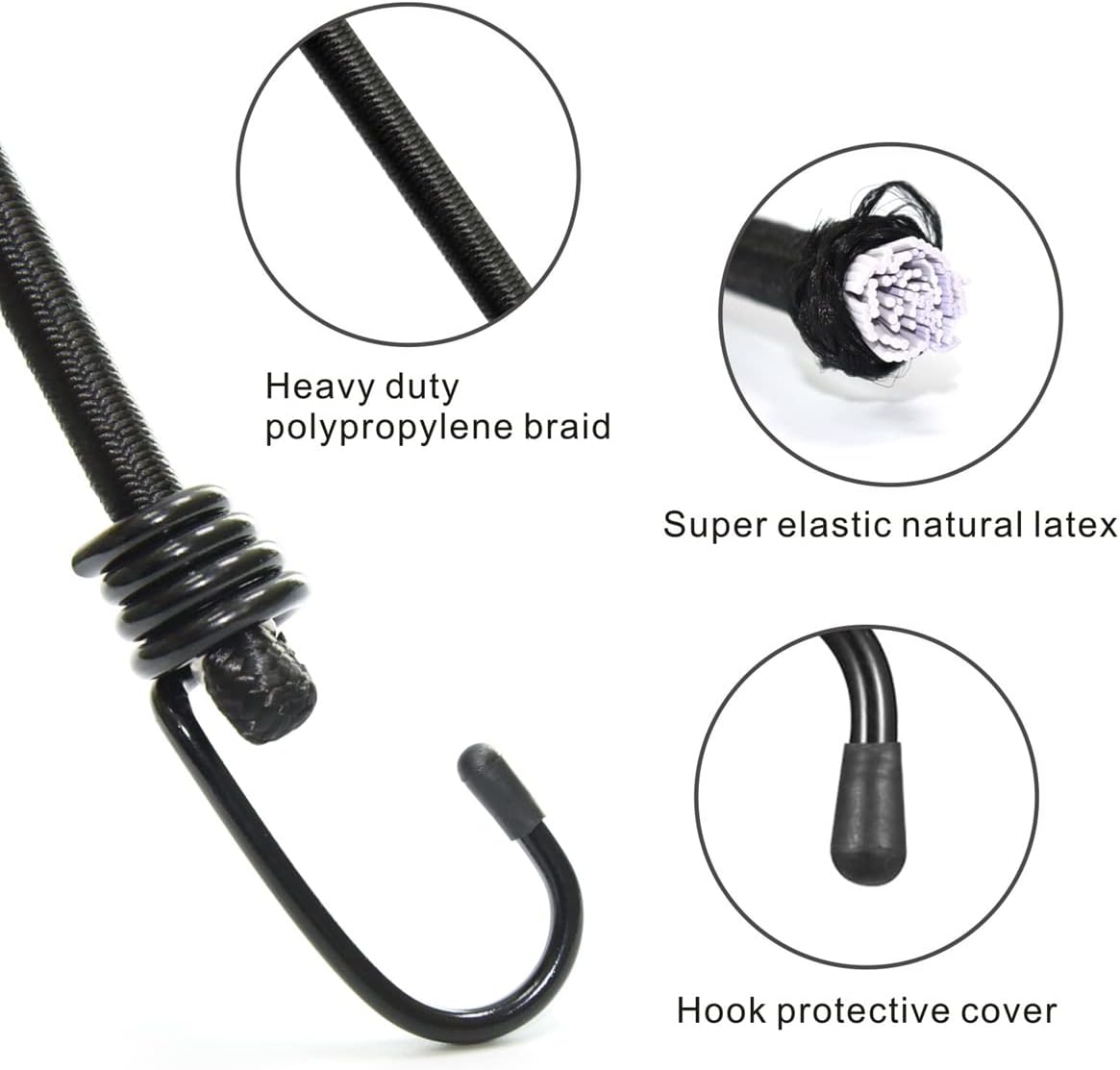 Bungee Cords with Hooks, Heavy Duty Outdoor Elastic Bungee Straps，No Odour Industrial Grade Bungee Rope for Securing Tarps, Luggage,Tents, Bikes or Garden Tidying 24in6pcs + 48in2pcs (Black)