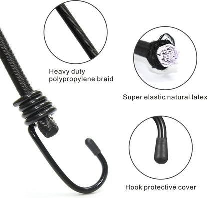 Bungee Cords with Hooks, Heavy Duty Outdoor Elastic Bungee Straps，No Odour Industrial Grade Bungee Rope for Securing Tarps, Luggage,Tents, Bikes or Garden Tidying 24in6pcs + 48in2pcs (Black)