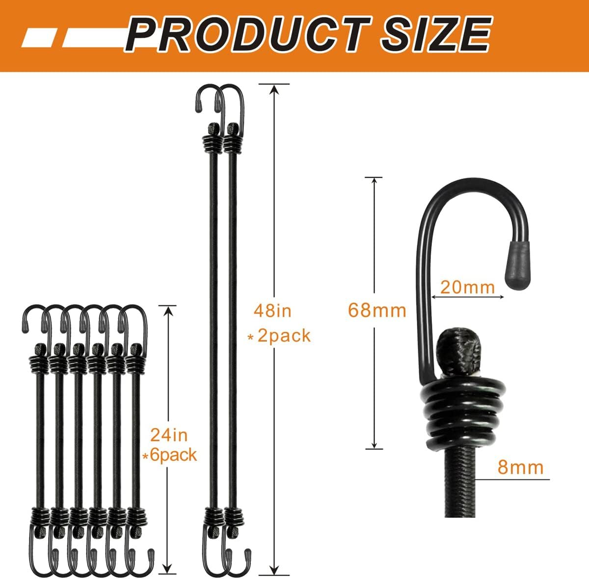 Bungee Cords with Hooks, Heavy Duty Outdoor Elastic Bungee Straps，No Odour Industrial Grade Bungee Rope for Securing Tarps, Luggage,Tents, Bikes or Garden Tidying 24in6pcs + 48in2pcs (Black)