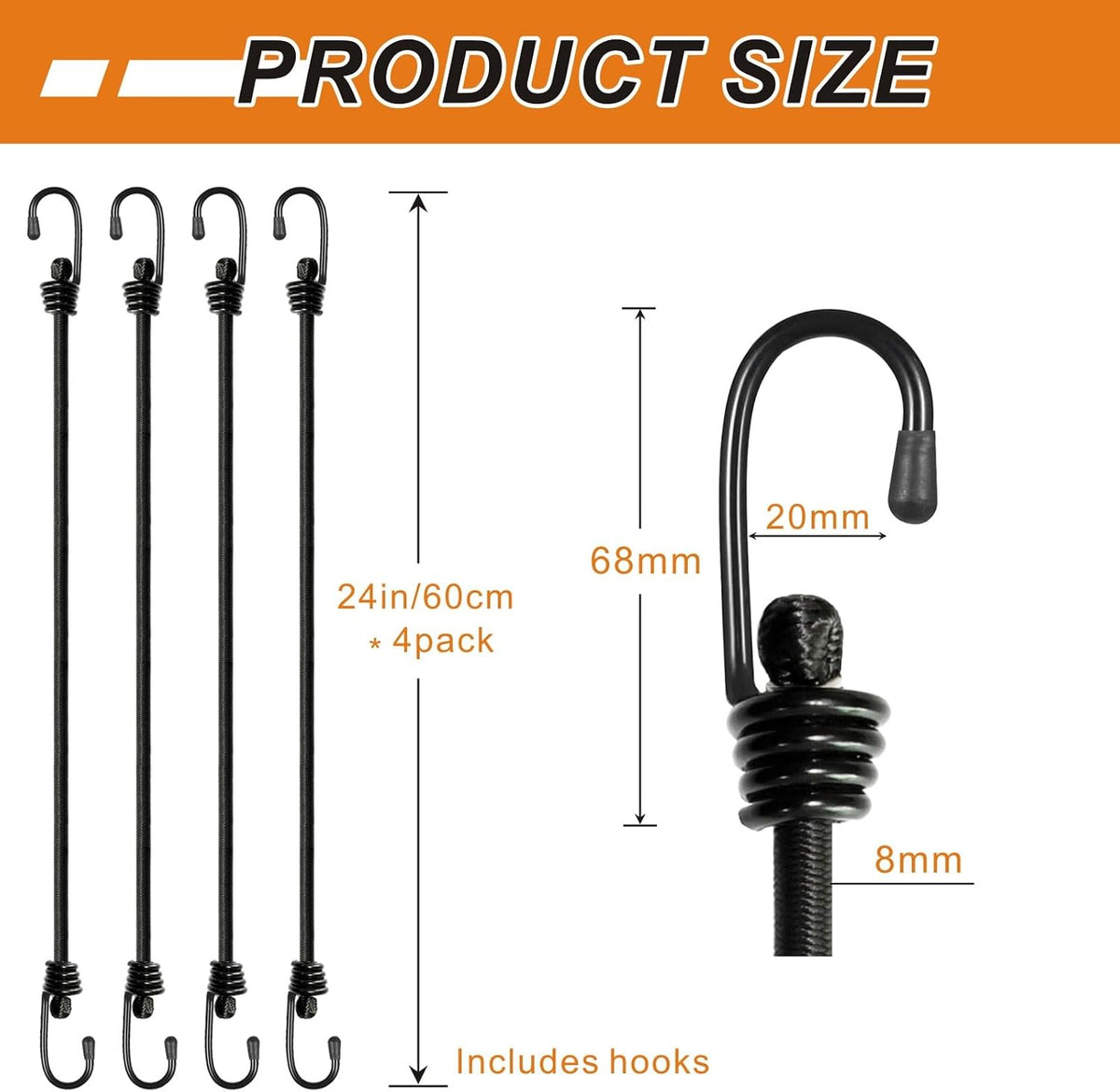 Bungee Cords with Hooks, Heavy Duty Outdoor Elastic Bungee Straps，No Odour Industrial Grade Bungee Rope for Securing Tarps, Luggage,Tents, Bikes or Garden Tidying 24in6pcs + 48in2pcs (Black)