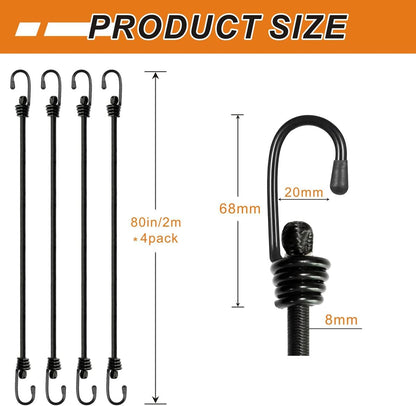 Bungee Cords with Hooks, Heavy Duty Outdoor Elastic Bungee Straps，No Odour Industrial Grade Bungee Rope for Securing Tarps, Luggage,Tents, Bikes or Garden Tidying 24in6pcs + 48in2pcs (Black)