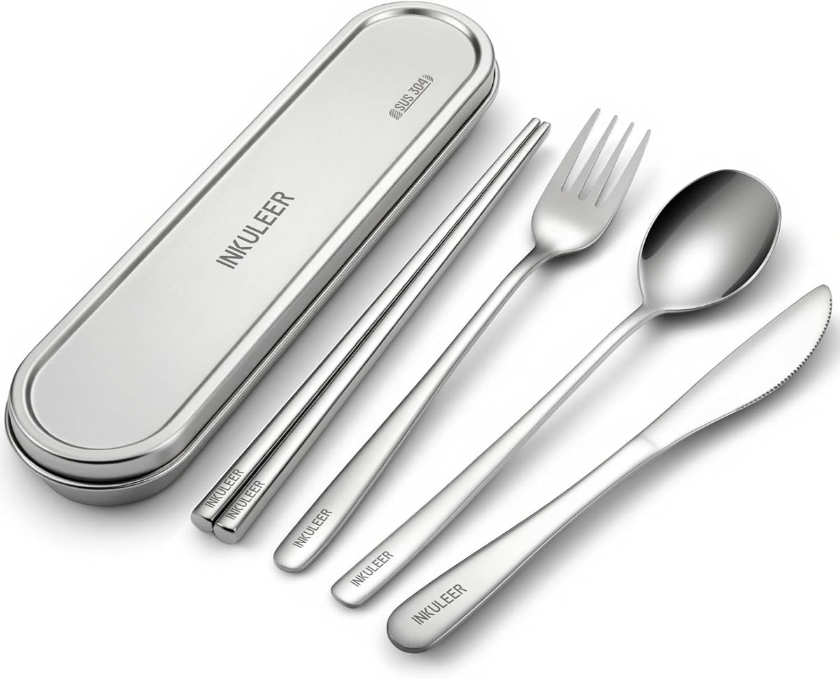 Travel Cutlery Set - 18/8 Stainless Steel Reusable Utensils with Metal Case, Portable Silverware for Camping, Office, Travel & Outdoor Dining