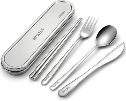 Travel Cutlery Set - 18/8 Stainless Steel Reusable Utensils with Metal Case, Portable Silverware for Camping, Office, Travel & Outdoor Dining