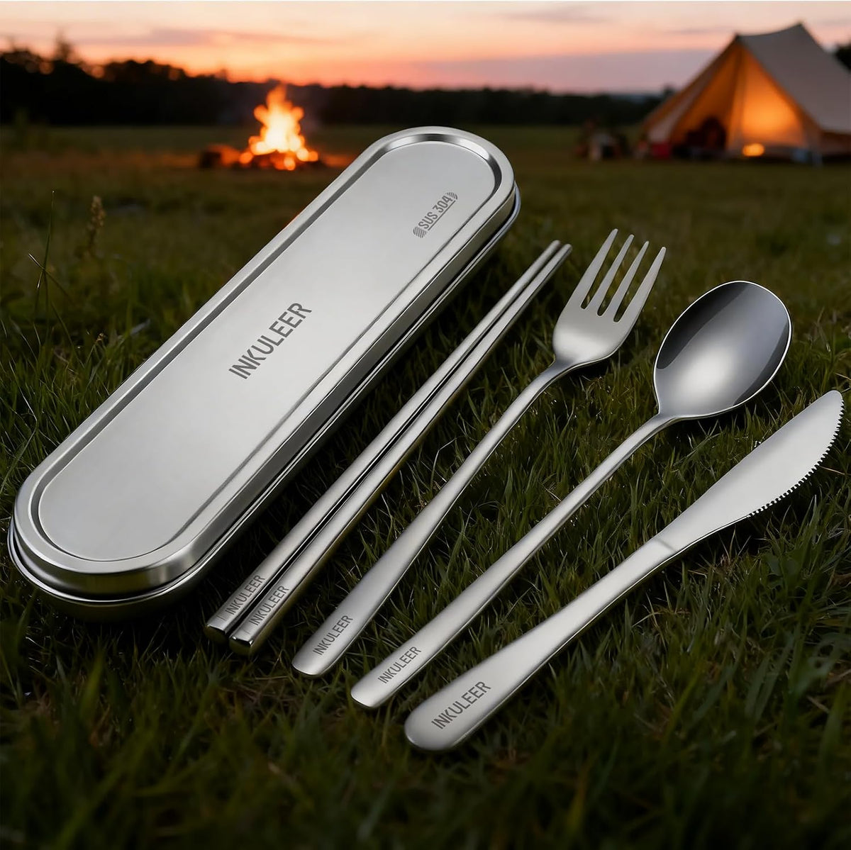Travel Cutlery Set - 18/8 Stainless Steel Reusable Utensils with Metal Case, Portable Silverware for Camping, Office, Travel & Outdoor Dining