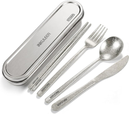 Travel Cutlery Set - 18/8 Stainless Steel Reusable Utensils with Metal Case, Portable Silverware for Camping, Office, Travel & Outdoor Dining