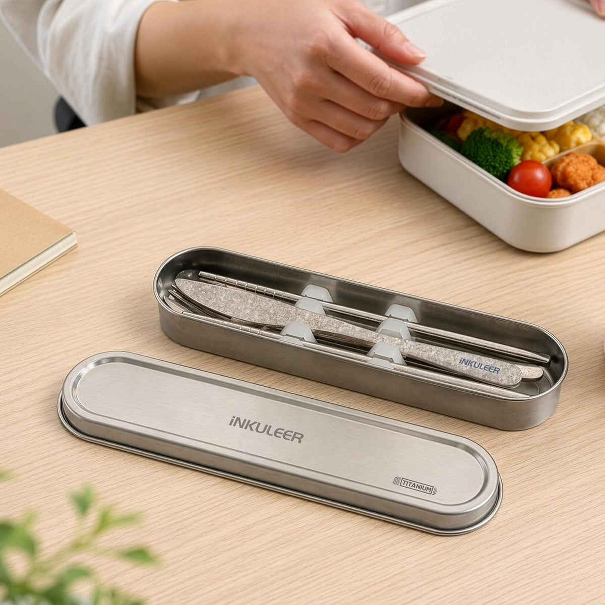 Travel Cutlery Set - 18/8 Stainless Steel Reusable Utensils with Metal Case, Portable Silverware for Camping, Office, Travel & Outdoor Dining
