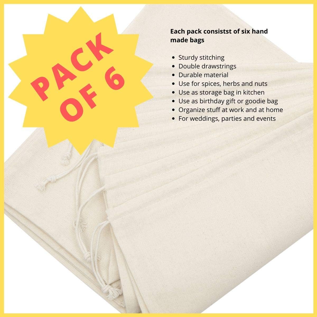 100% Cotton Muslin Drawstring Bags (12x16 Inch - 6-Pack) Large Beige Fabric Cotton Shoe Bag and Storage Pouches for Shoes Storage Pantry Gifts Laundry Travel