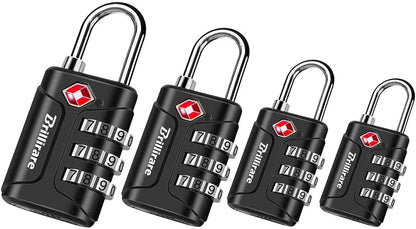 4 Pack TSA Approved Luggage Locks, Combination Travel Padlock, 3-Digit Waterproof Lock, TSA Accepted Outdoor Keyless Resettable Lock for Lockers, Bags, Backpack, Gym, Gate-Black