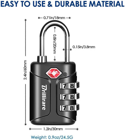4 Pack TSA Approved Luggage Locks, Combination Travel Padlock, 3-Digit Waterproof Lock, TSA Accepted Outdoor Keyless Resettable Lock for Lockers, Bags, Backpack, Gym, Gate-Black