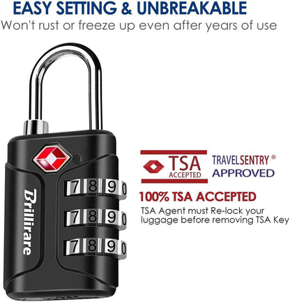 4 Pack TSA Approved Luggage Locks, Combination Travel Padlock, 3-Digit Waterproof Lock, TSA Accepted Outdoor Keyless Resettable Lock for Lockers, Bags, Backpack, Gym, Gate-Black