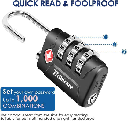4 Pack TSA Approved Luggage Locks, Combination Travel Padlock, 3-Digit Waterproof Lock, TSA Accepted Outdoor Keyless Resettable Lock for Lockers, Bags, Backpack, Gym, Gate-Black
