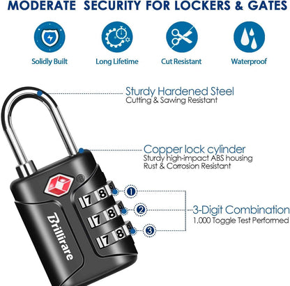 4 Pack TSA Approved Luggage Locks, Combination Travel Padlock, 3-Digit Waterproof Lock, TSA Accepted Outdoor Keyless Resettable Lock for Lockers, Bags, Backpack, Gym, Gate-Black