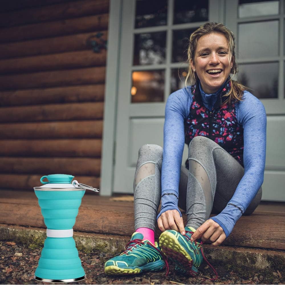 Collapsible Water Bottle, Camping Cup With Carabiner, Reuseable Silicone Foldable Leak Proof Portable Sports Travel Water Bottles For Outdoor, Travel Gym Hiking, BPA Free, Cycling Cups with Carabiner