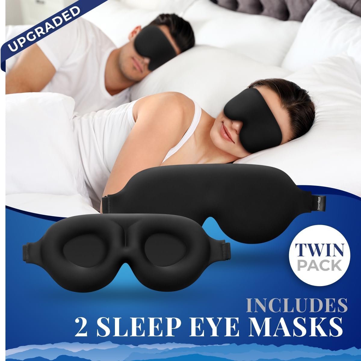 Sleep Mask [2 Pack] - Eye Mask for Sleeping - Ultra Lightweight for Side Sleepers, Contoured, 100% Blackout Sleeping Masks for Women and Men, Blindfold and Eye Covers - S1 Black