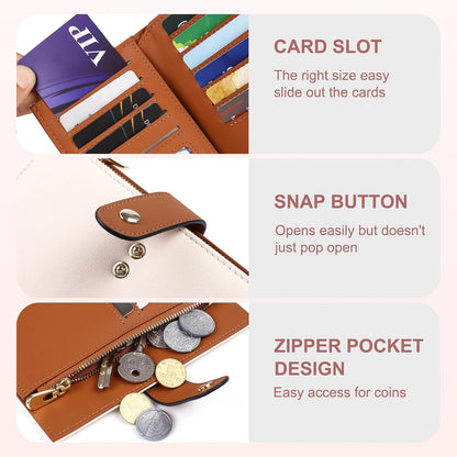 Women's Wallets RFID Blocking Leather Trifold Clutch Wallet Credit Card Holder Ladies Travel Wallet Purse with Passport/Pen Holder