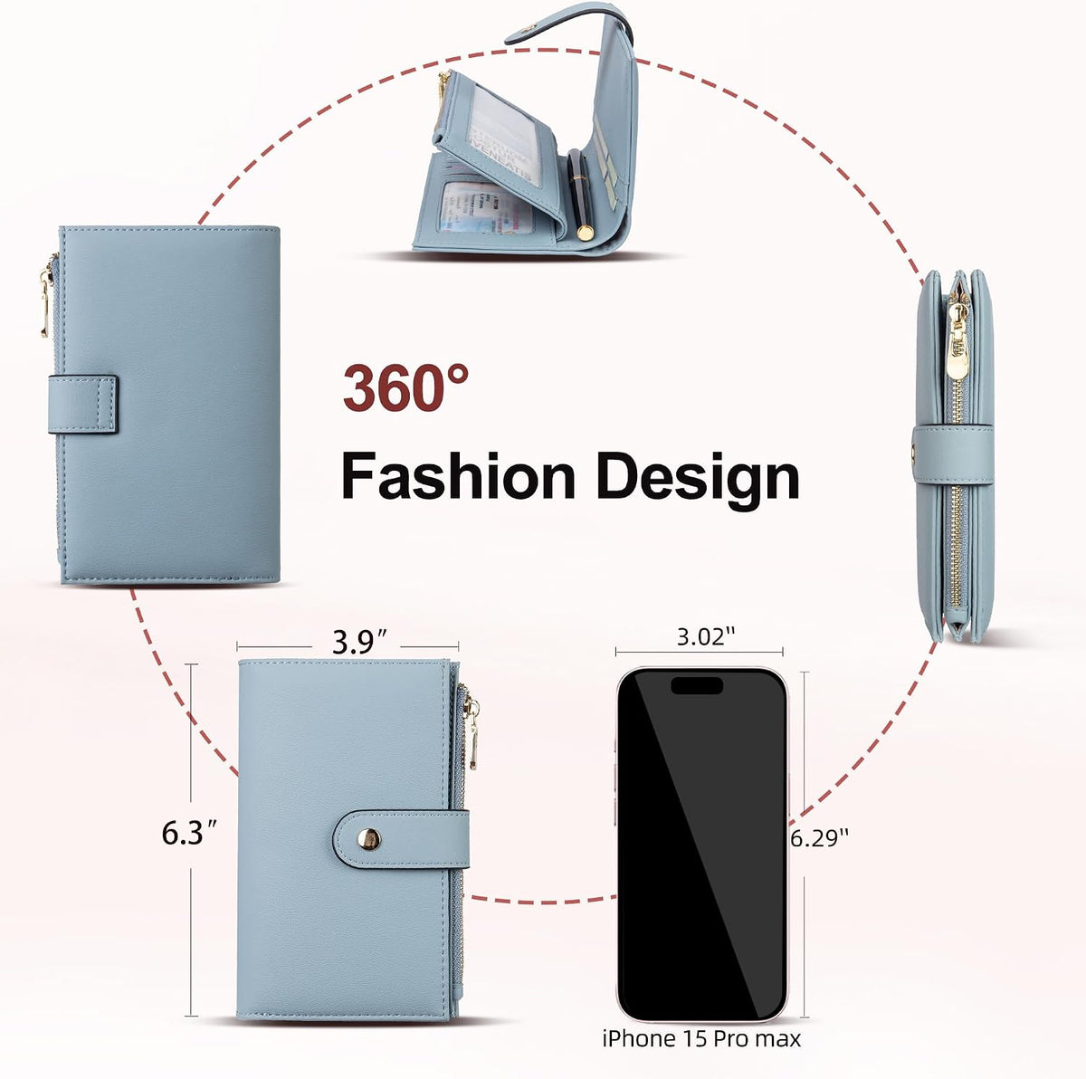 Women's Wallets RFID Blocking Leather Trifold Clutch Wallet Credit Card Holder Ladies Travel Wallet Purse with Passport/Pen Holder