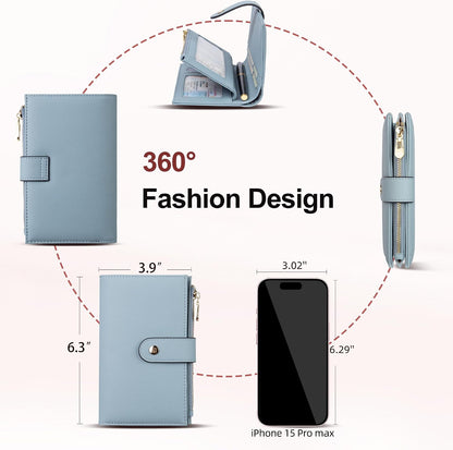 Women's Wallets RFID Blocking Leather Trifold Clutch Wallet Credit Card Holder Ladies Travel Wallet Purse with Passport/Pen Holder