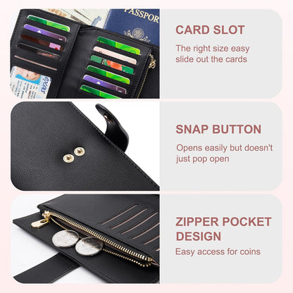 Women's Wallets RFID Blocking Leather Trifold Clutch Wallet Credit Card Holder Ladies Travel Wallet Purse with Passport/Pen Holder