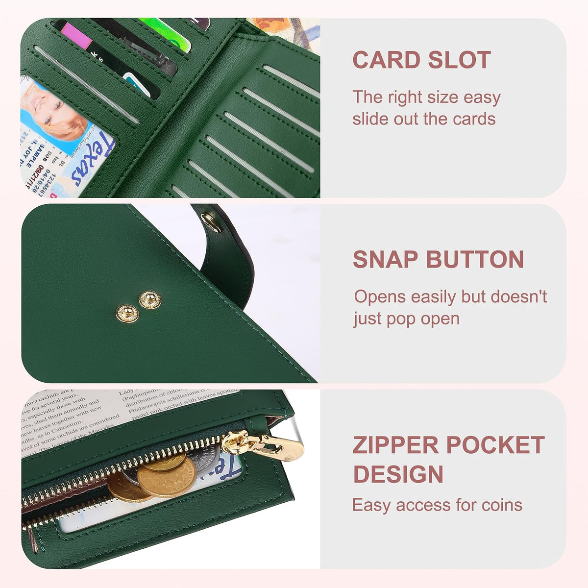 Women's Wallets RFID Blocking Leather Trifold Clutch Wallet Credit Card Holder Ladies Travel Wallet Purse with Passport/Pen Holder