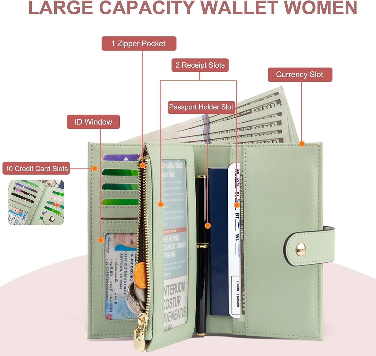 Women's Wallets RFID Blocking Leather Trifold Clutch Wallet Credit Card Holder Ladies Travel Wallet Purse with Passport/Pen Holder