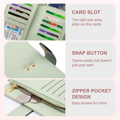Women's Wallets RFID Blocking Leather Trifold Clutch Wallet Credit Card Holder Ladies Travel Wallet Purse with Passport/Pen Holder