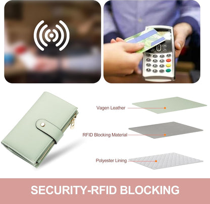 Women's Wallets RFID Blocking Leather Trifold Clutch Wallet Credit Card Holder Ladies Travel Wallet Purse with Passport/Pen Holder
