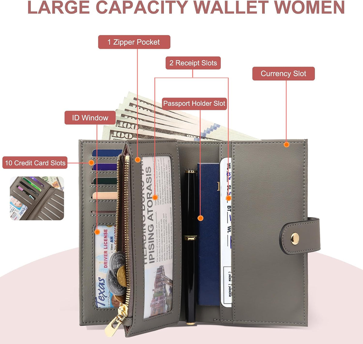 Women's Wallets RFID Blocking Leather Trifold Clutch Wallet Credit Card Holder Ladies Travel Wallet Purse with Passport/Pen Holder