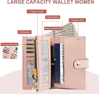 Women's Wallets RFID Blocking Leather Trifold Clutch Wallet Credit Card Holder Ladies Travel Wallet Purse with Passport/Pen Holder