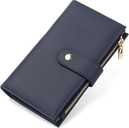 Women's Wallets RFID Blocking Leather Trifold Clutch Wallet Credit Card Holder Ladies Travel Wallet Purse with Passport/Pen Holder