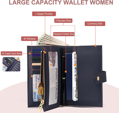 Women's Wallets RFID Blocking Leather Trifold Clutch Wallet Credit Card Holder Ladies Travel Wallet Purse with Passport/Pen Holder