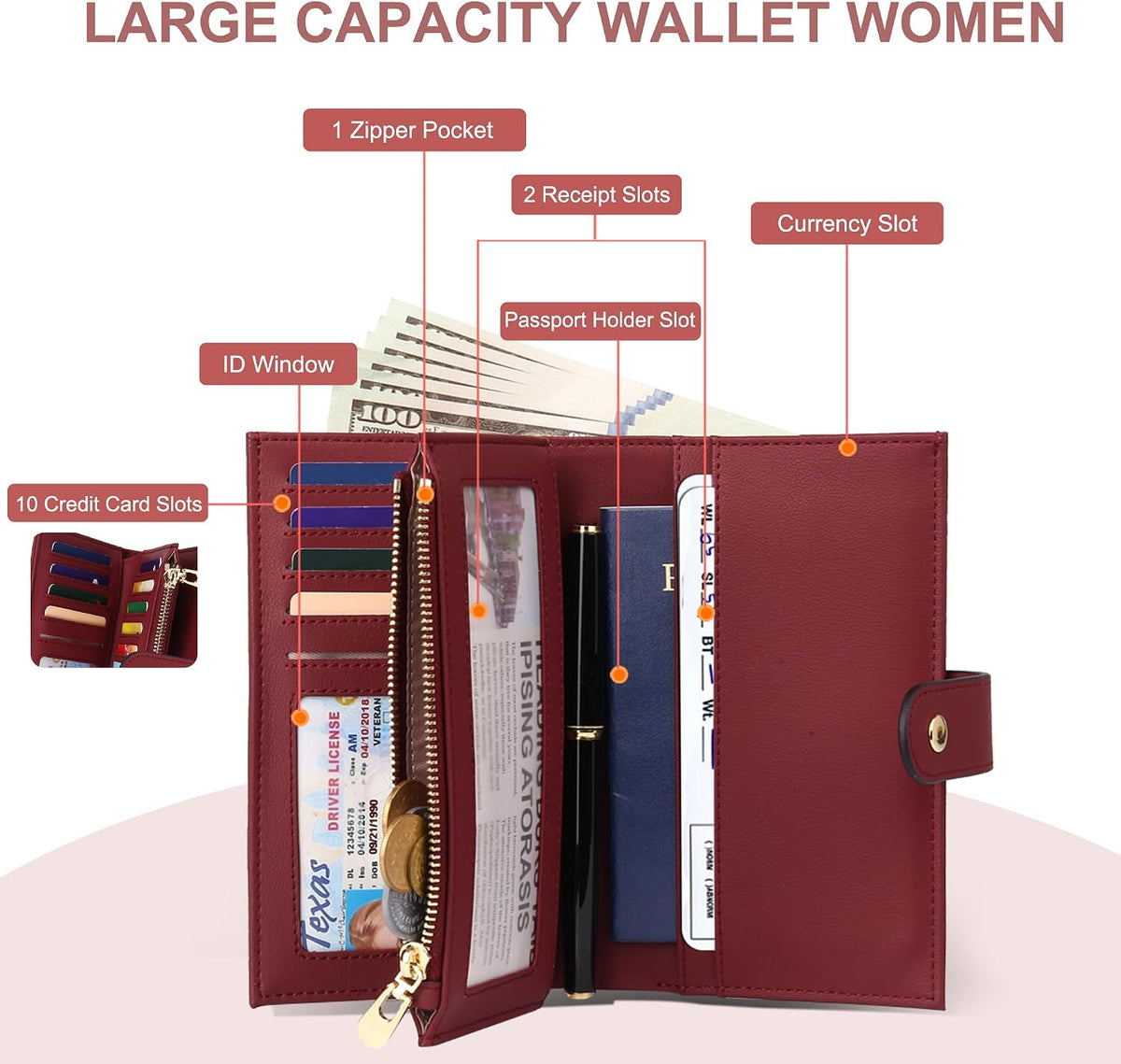 Women's Wallets RFID Blocking Leather Trifold Clutch Wallet Credit Card Holder Ladies Travel Wallet Purse with Passport/Pen Holder