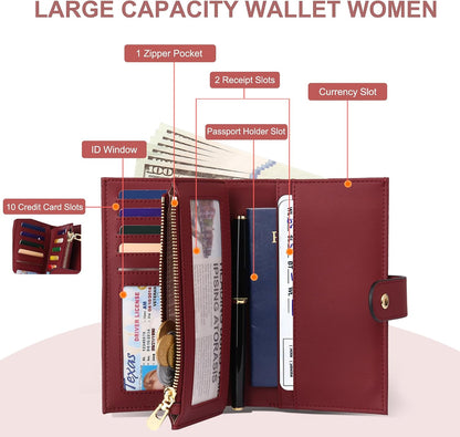 Women's Wallets RFID Blocking Leather Trifold Clutch Wallet Credit Card Holder Ladies Travel Wallet Purse with Passport/Pen Holder