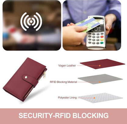 Women's Wallets RFID Blocking Leather Trifold Clutch Wallet Credit Card Holder Ladies Travel Wallet Purse with Passport/Pen Holder
