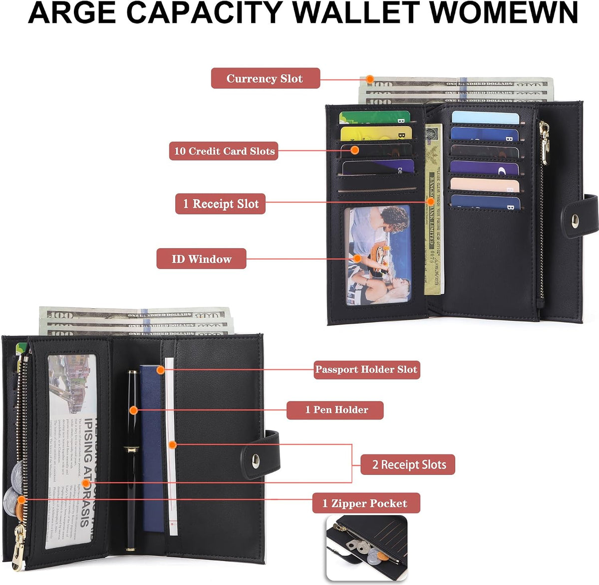 Women's Wallets RFID Blocking Leather Trifold Clutch Wallet Credit Card Holder Ladies Travel Wallet Purse with Passport/Pen Holder