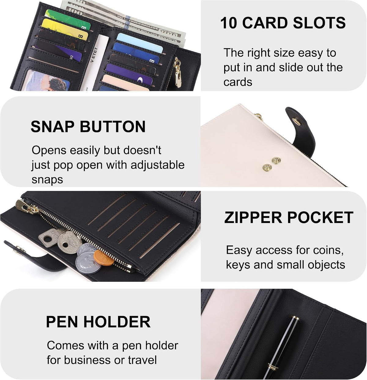 Women's Wallets RFID Blocking Leather Trifold Clutch Wallet Credit Card Holder Ladies Travel Wallet Purse with Passport/Pen Holder