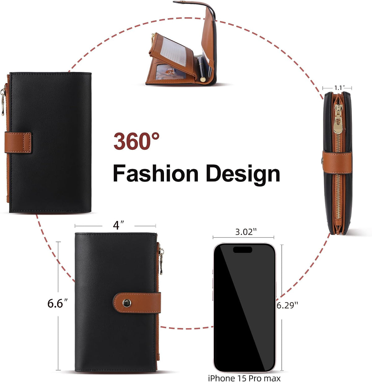 Women's Wallets RFID Blocking Leather Trifold Clutch Wallet Credit Card Holder Ladies Travel Wallet Purse with Passport/Pen Holder