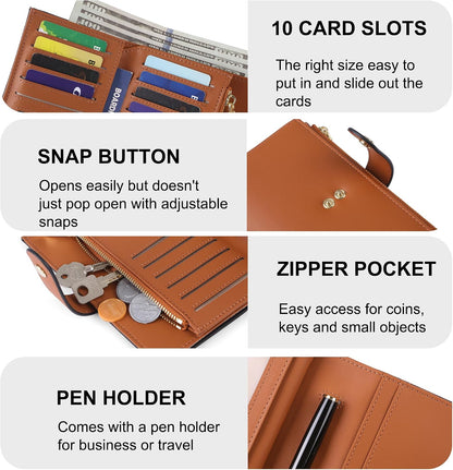Women's Wallets RFID Blocking Leather Trifold Clutch Wallet Credit Card Holder Ladies Travel Wallet Purse with Passport/Pen Holder
