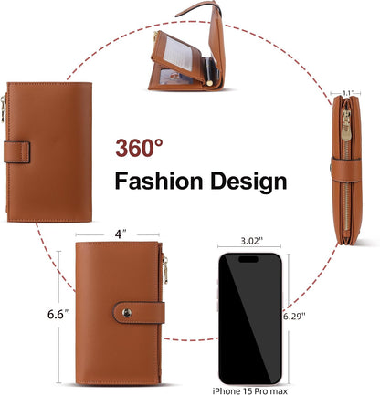Women's Wallets RFID Blocking Leather Trifold Clutch Wallet Credit Card Holder Ladies Travel Wallet Purse with Passport/Pen Holder