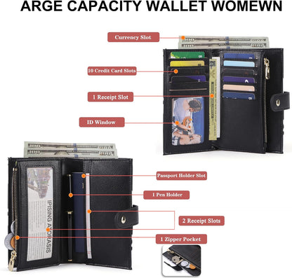 Women's Wallets RFID Blocking Leather Trifold Clutch Wallet Credit Card Holder Ladies Travel Wallet Purse with Passport/Pen Holder